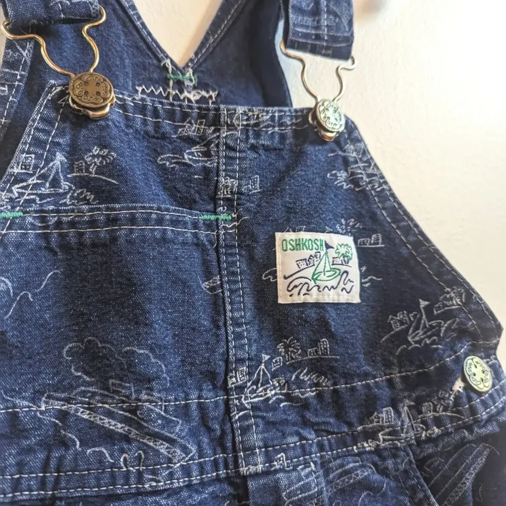 Vtg 90s Oshkosh Bgosh Shortalls Boys Sz 4T Denim Boat Nautical